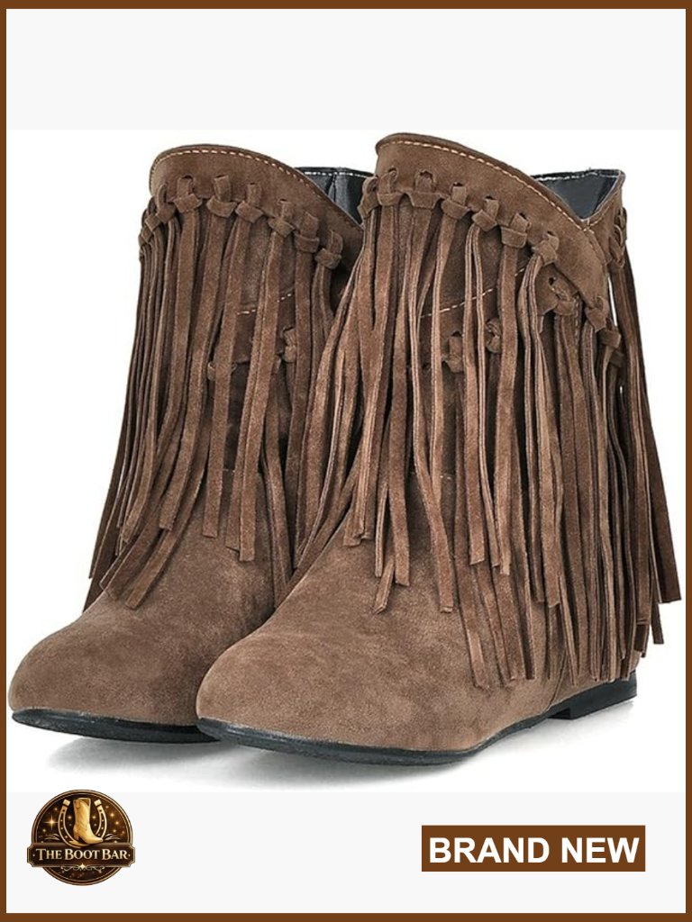 Womens Ankle Fringe Boots Round Toe Wide Calf Tassel Booties Hidden Wedge Heels